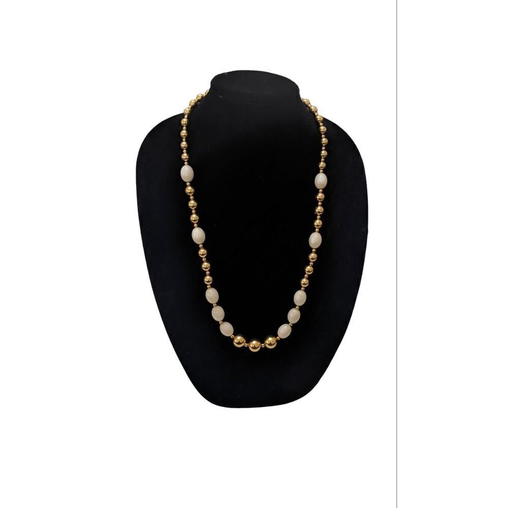 Signed NAPIER Goldtone Cream Round Oval‎ Beads Shape 29" Necklace Vintage